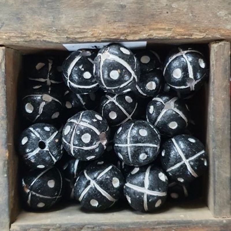 15mm Round Beads (10) - Black w. Cross & Dots - Vintage Clay Beads