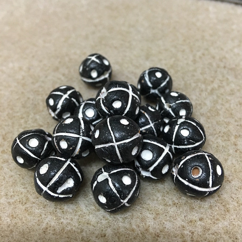 15mm Round Beads (10) - Black w. Cross & Dots - Vintage Clay Beads