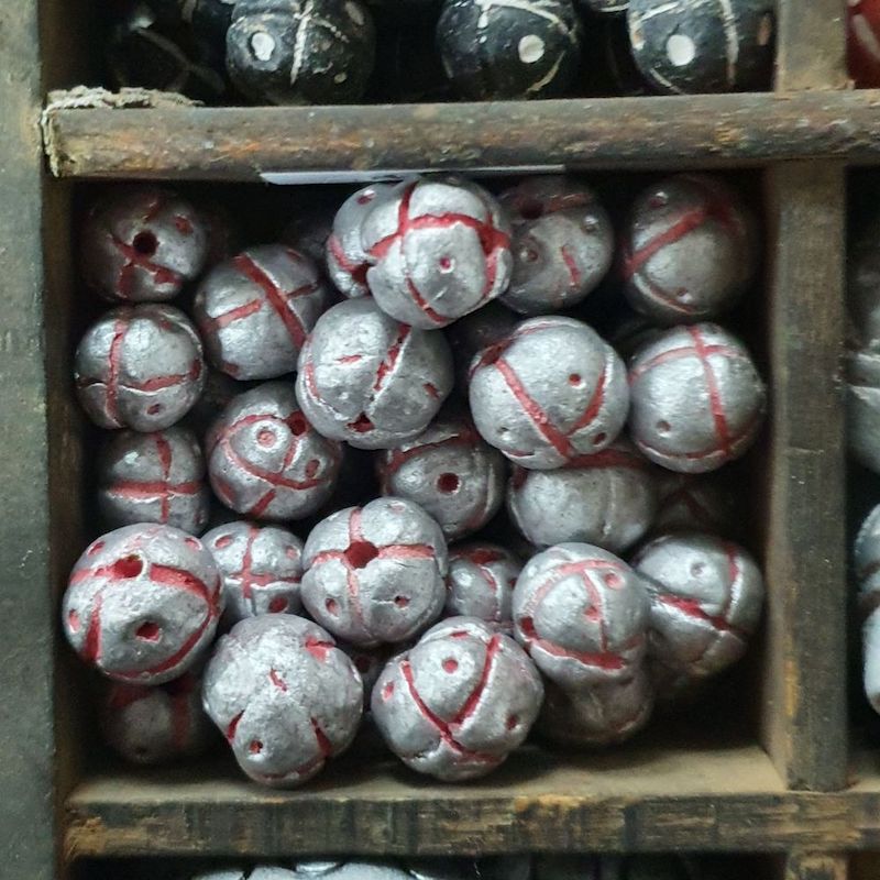 13mm Round Beads (10) - Silver w. Cross & Dots - Vintage Clay Beads