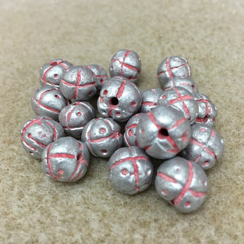 13mm Round Beads (10) - Silver w. Cross & Dots - Vintage Clay Beads