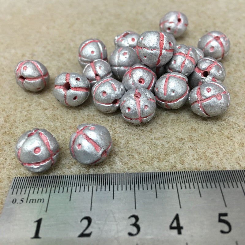 13mm Round Beads (10) - Silver w. Cross & Dots - Vintage Clay Beads
