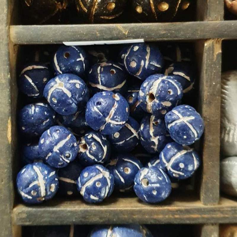 13mm Round Beads (10) - Blue w. Cross & Dots - Vintage Clay Beads
