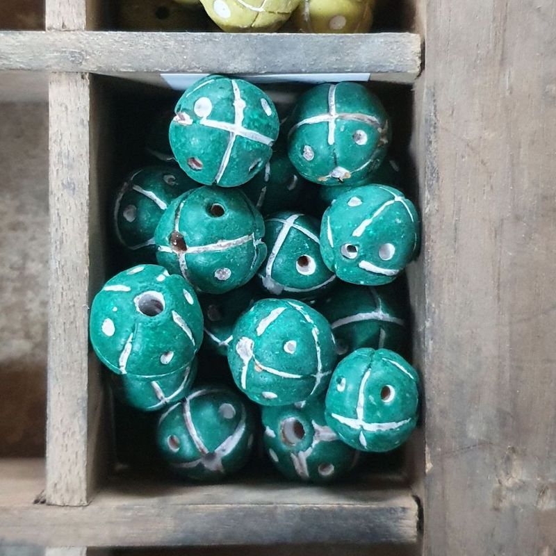 13mm Round Beads (10) - Green w. Cross & Dots - Vintage Clay Beads