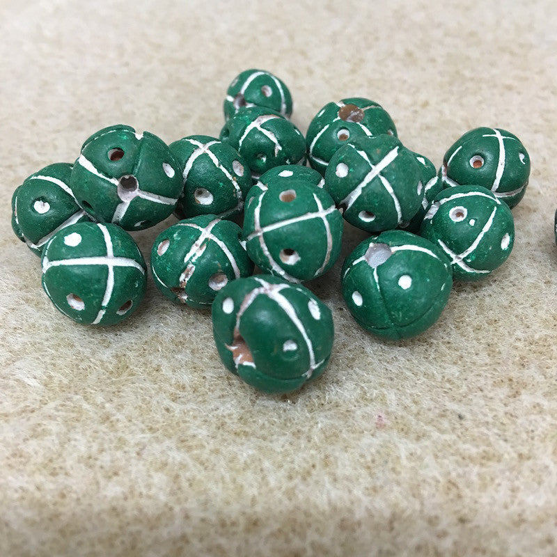 13mm Round Beads (10) - Green w. Cross & Dots - Vintage Clay Beads
