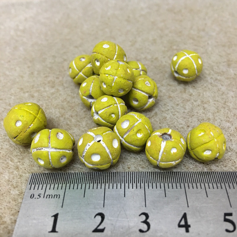 13mm Round Beads (10) - Yellow w. Cross & Dots - Vintage Clay Beads