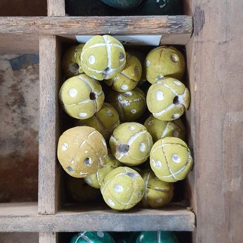 13mm Round Beads (10) - Yellow/Green w. Cross & Dots - Vintage Clay Beads