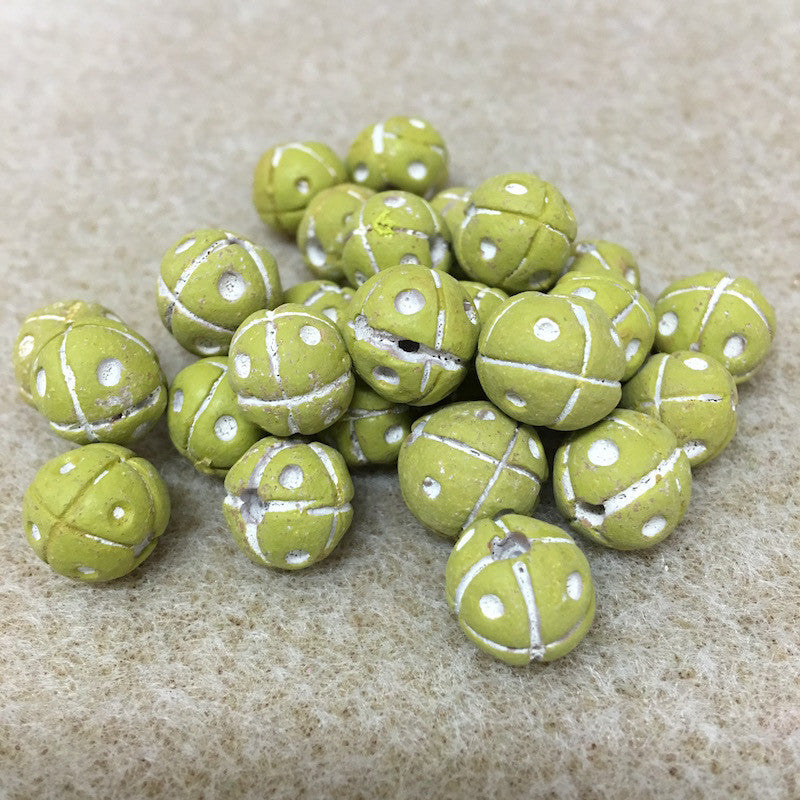 13mm Round Beads (10) - Yellow/Green w. Cross & Dots - Vintage Clay Beads
