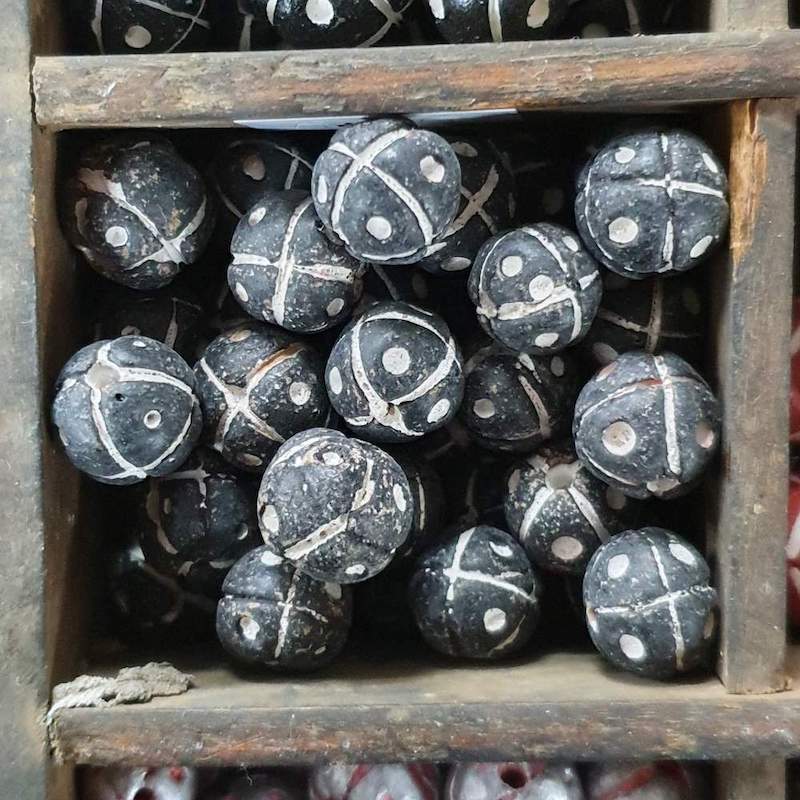 13mm Round Beads (10) - Black w. Cross & Dots - Vintage Clay Beads