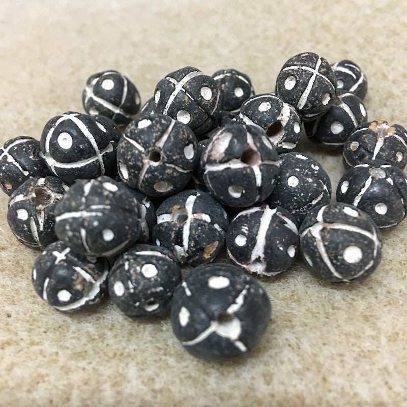 13mm Round Beads (10) - Black w. Cross & Dots - Vintage Clay Beads