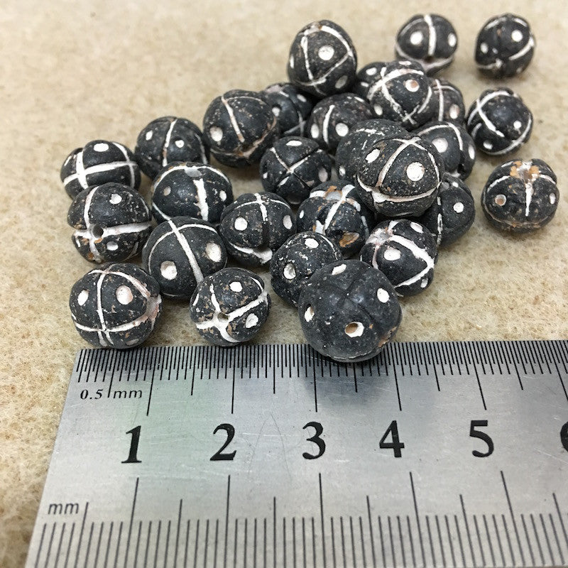 13mm Round Beads (10) - Black w. Cross & Dots - Vintage Clay Beads
