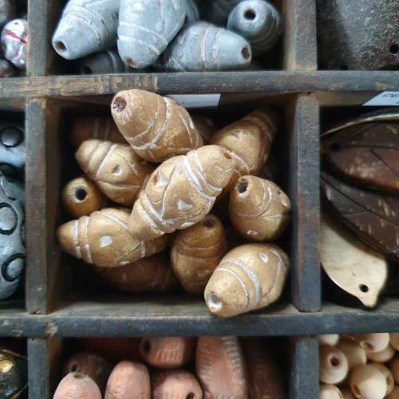 28x12mm Bicone w. Lines & Triangles (10) - Light Antique Gold - Vintage Clay Beads