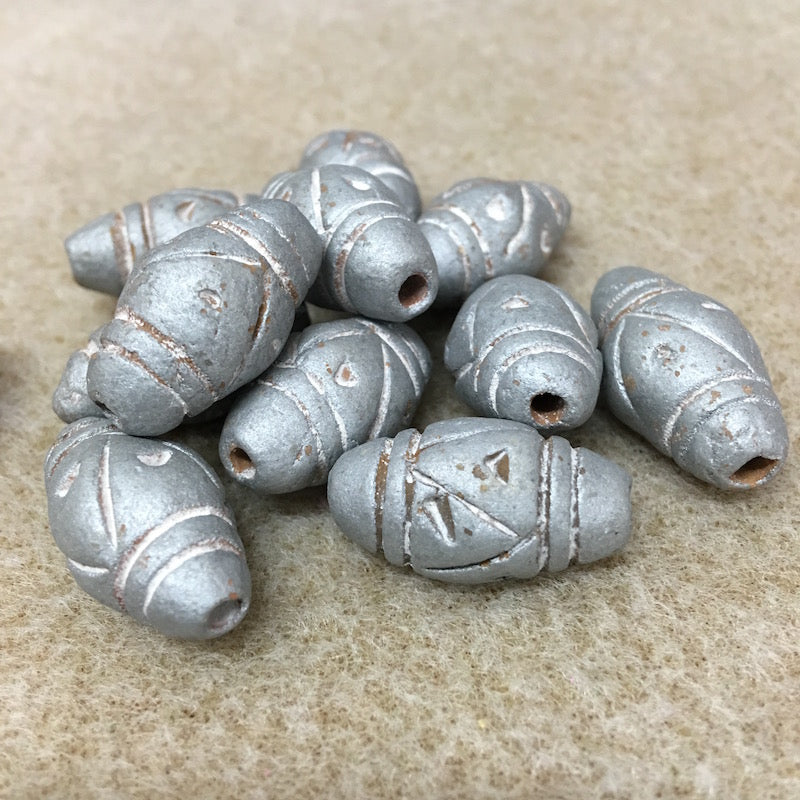 28x12mm Bicone w. Lines & Triangles (10) - Light Antique Silver - Vintage Clay Beads