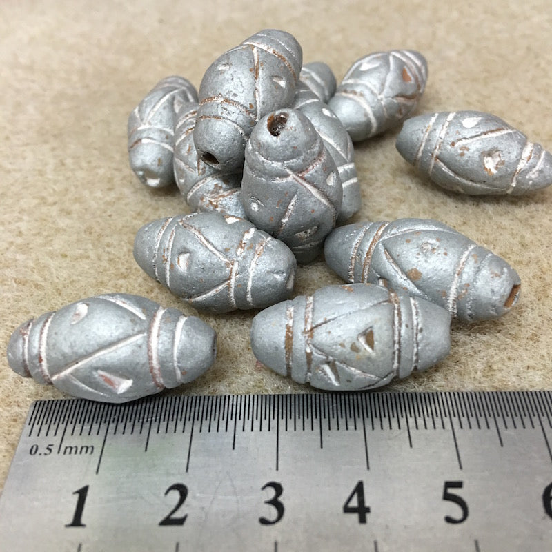 28x12mm Bicone w. Lines & Triangles (10) - Light Antique Silver - Vintage Clay Beads