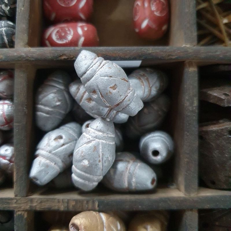 28x12mm Bicone w. Lines & Triangles (10) - Light Antique Silver - Vintage Clay Beads