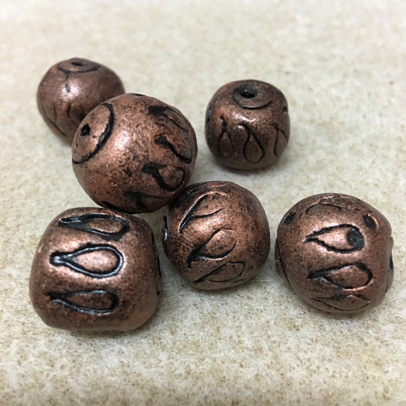 15x15mm Drum w. Teardrops (10) - Antique Copper - Vintage Clay Beads