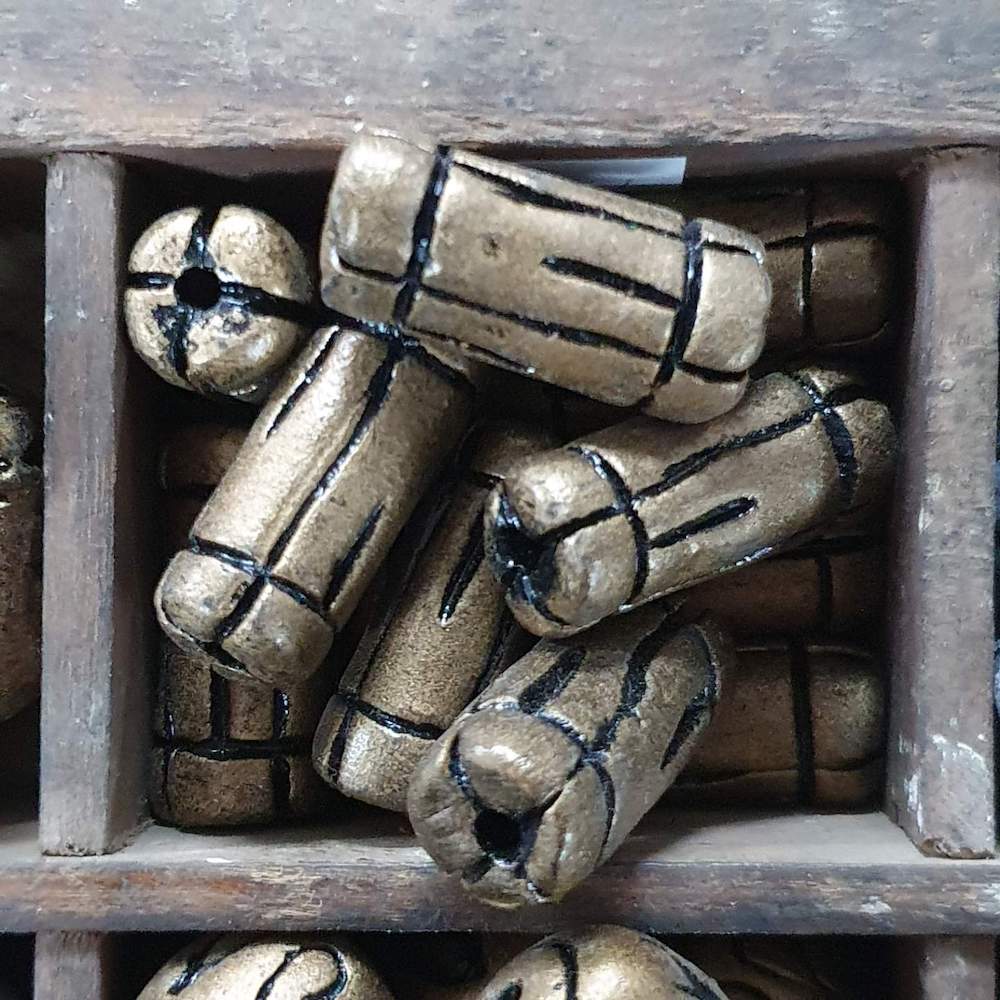 28x10mm Tube w. Lines (10) - Antique Gold - Vintage Clay Beads