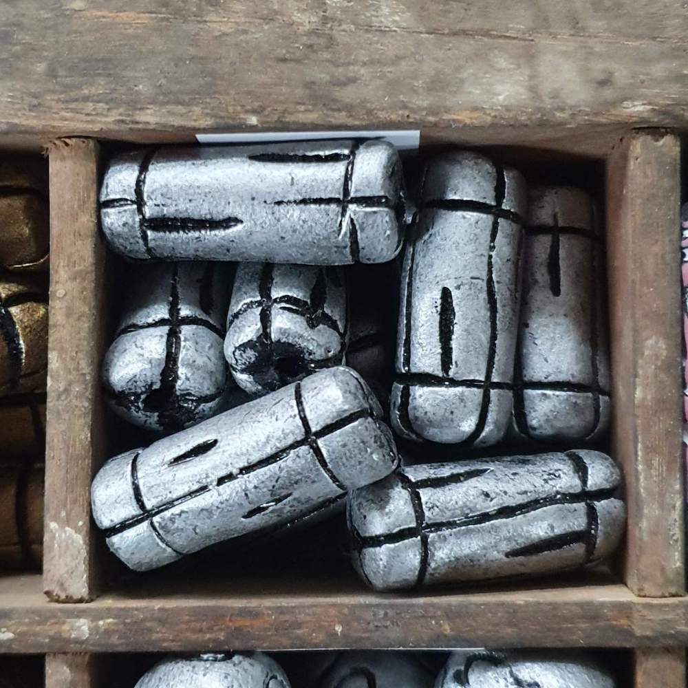 28x10mm Tube w. Lines (10) - Antique Silver - Vintage Clay Beads