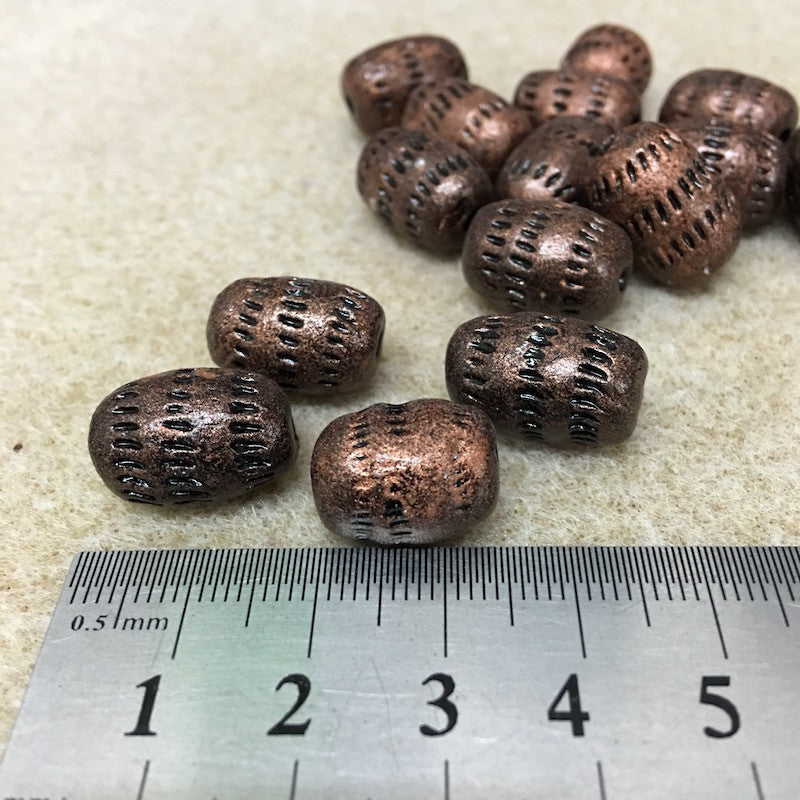 16x12mm Barrel w. Tiny Lines (10) - Antique Copper - Vintage Clay Beads - Bead Shack