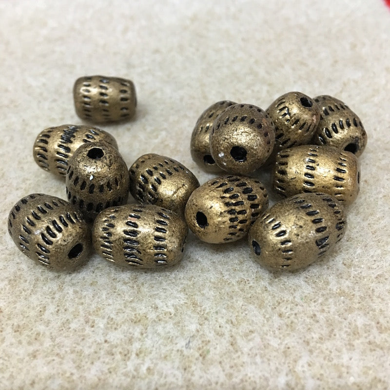 16x12mm Barrel w. Tiny Lines (10) - Antique Gold - Vintage Clay Beads