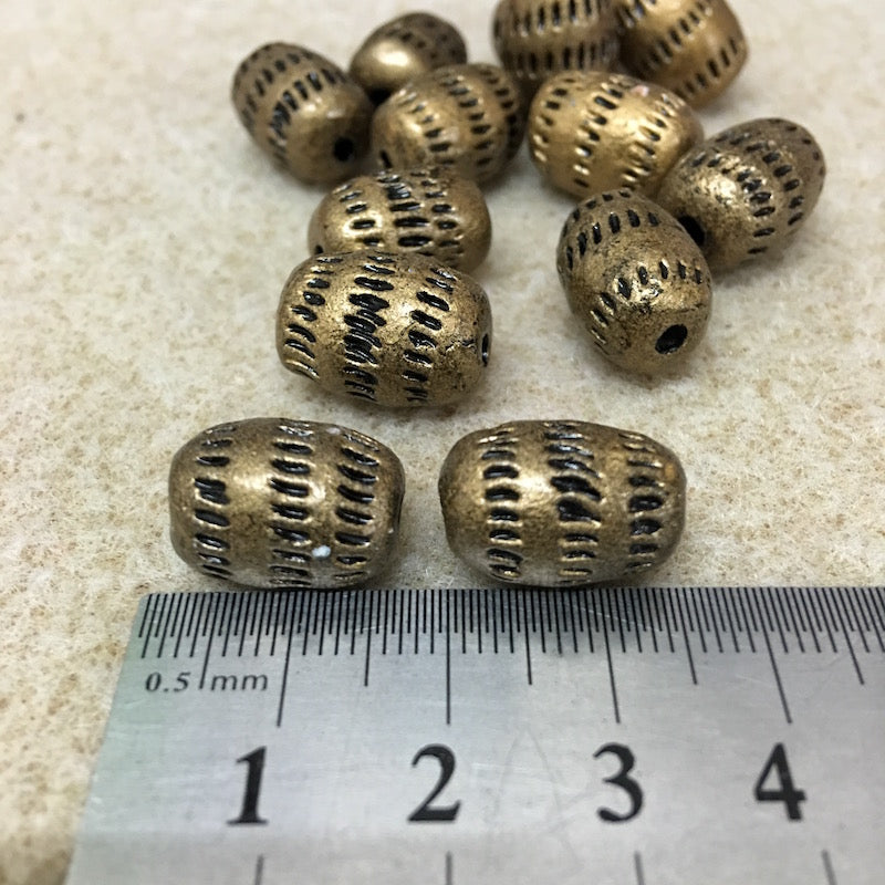 16x12mm Barrel w. Tiny Lines (10) - Antique Gold - Vintage Clay Beads