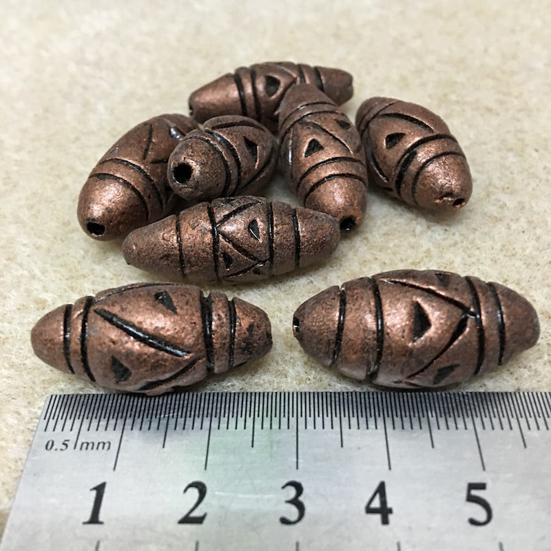 28x12mm Bicone w. Lines & Triangles (10) - Antique Copper - Vintage Clay Beads