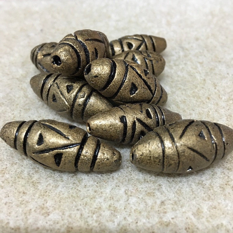 28x12mm Bicone w. Lines & Triangles (10) - Antique Gold - Vintage Clay Beads