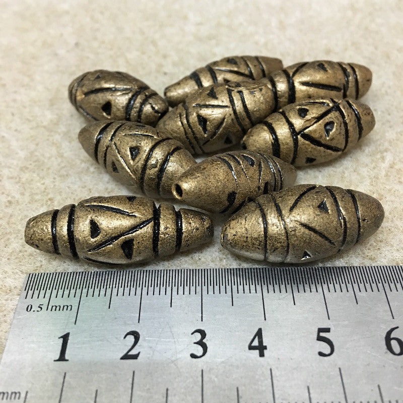 28x12mm Bicone w. Lines & Triangles (10) - Antique Gold - Vintage Clay Beads