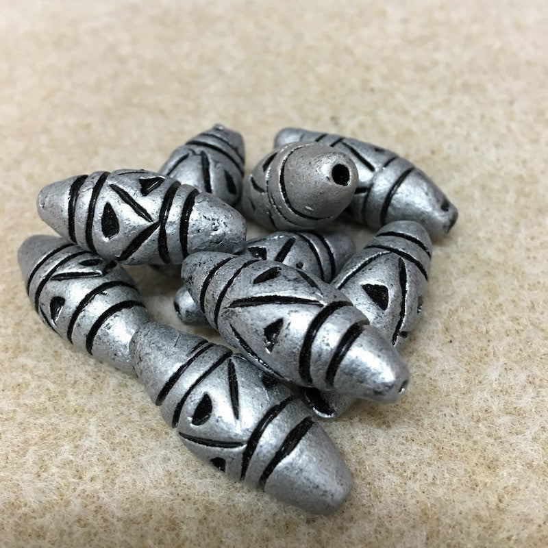 28x12mm Bicone w. Lines & Triangles (10) - Antique Silver - Vintage Clay Beads