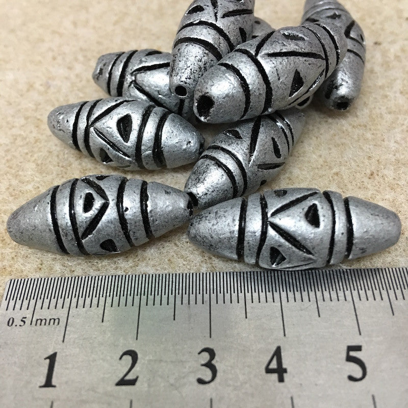 28x12mm Bicone w. Lines & Triangles (10) - Antique Silver - Vintage Clay Beads