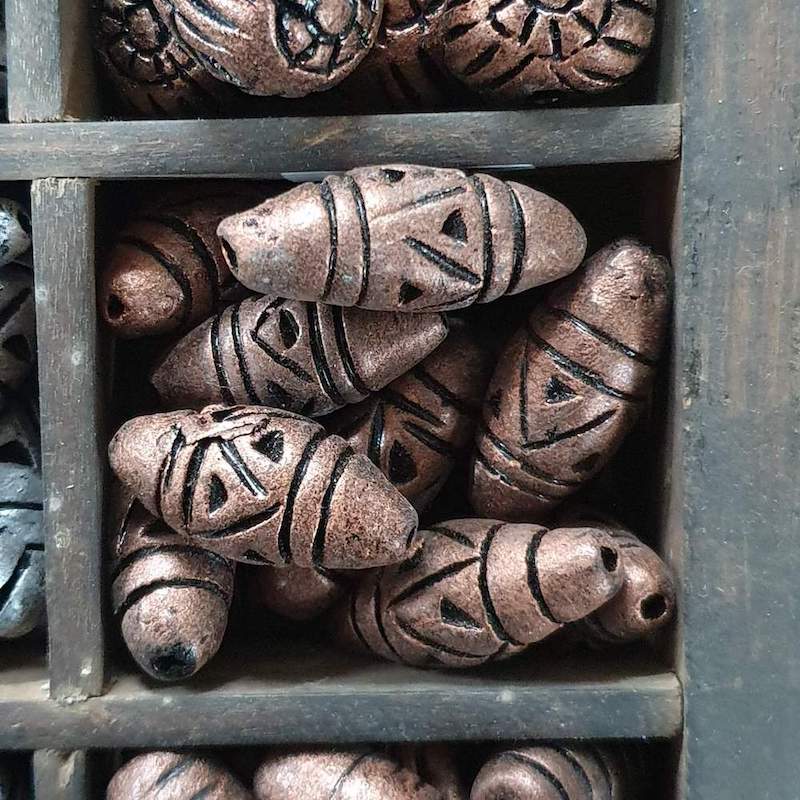 28x12mm Bicone w. Lines & Triangles (10) - Antique Copper - Vintage Clay Beads