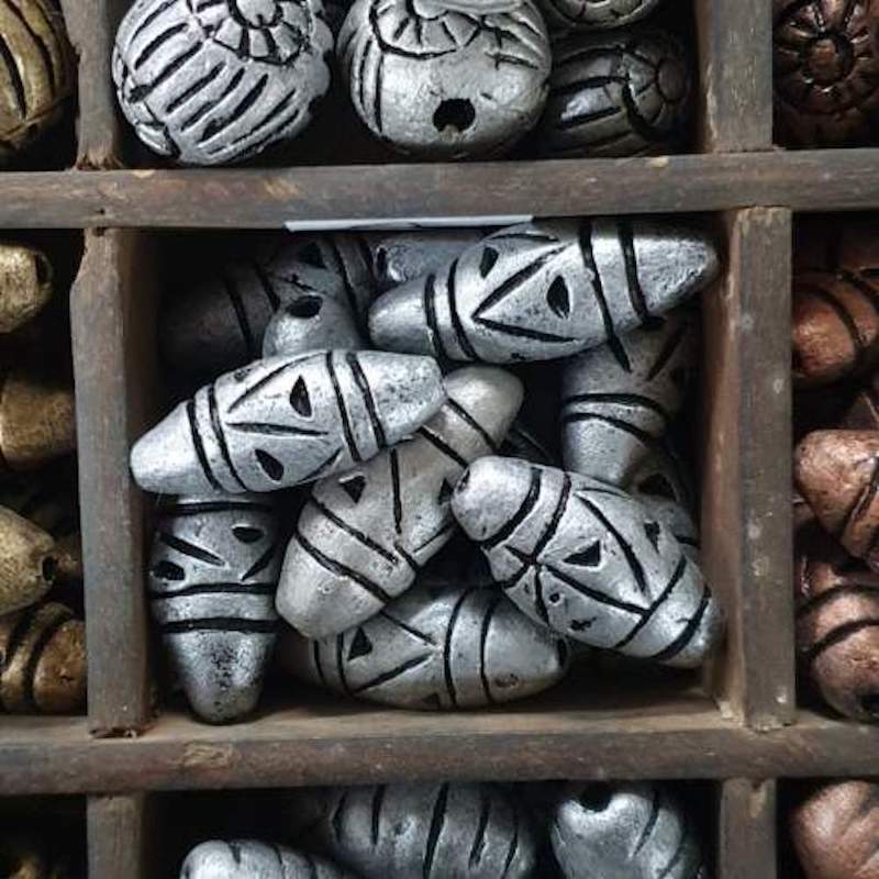 28x12mm Bicone w. Lines & Triangles (10) - Antique Silver - Vintage Clay Beads