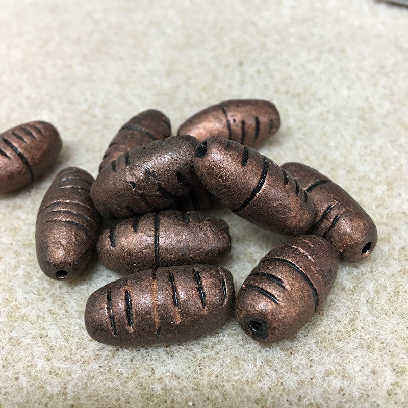 23x12mm Barrel Shaped w. Cuts (10) - Antique Copper - Vintage Clay Beads
