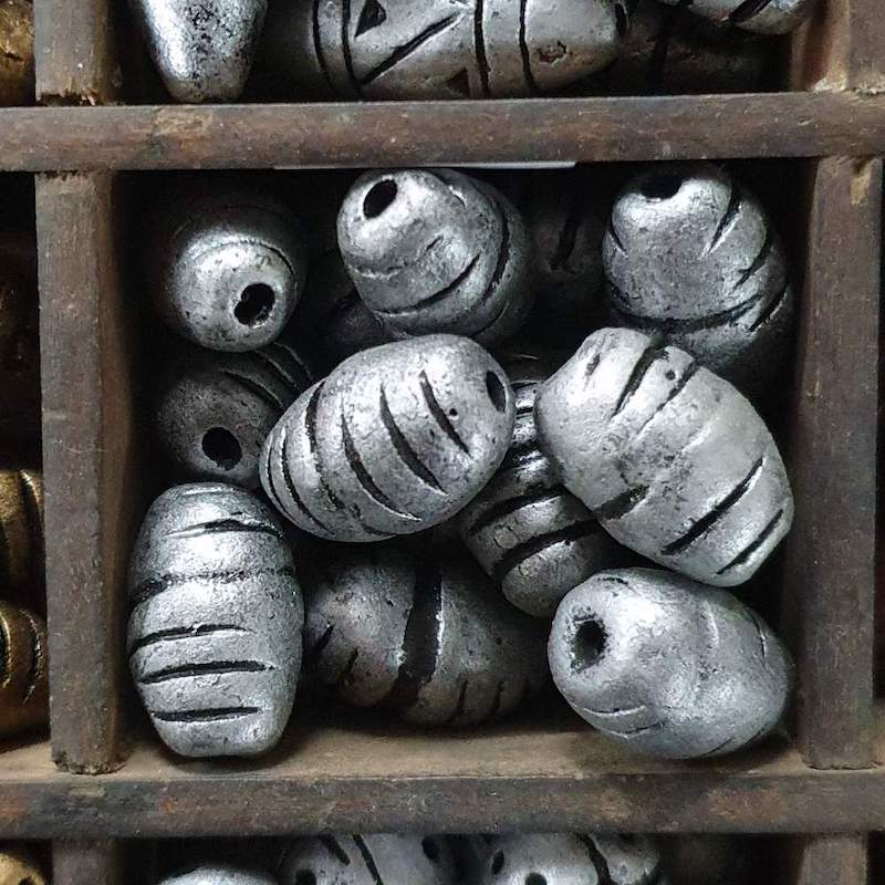 23x12mm Barrel Shaped w. Cuts (10) - Antique Silver - Vintage Clay Beads