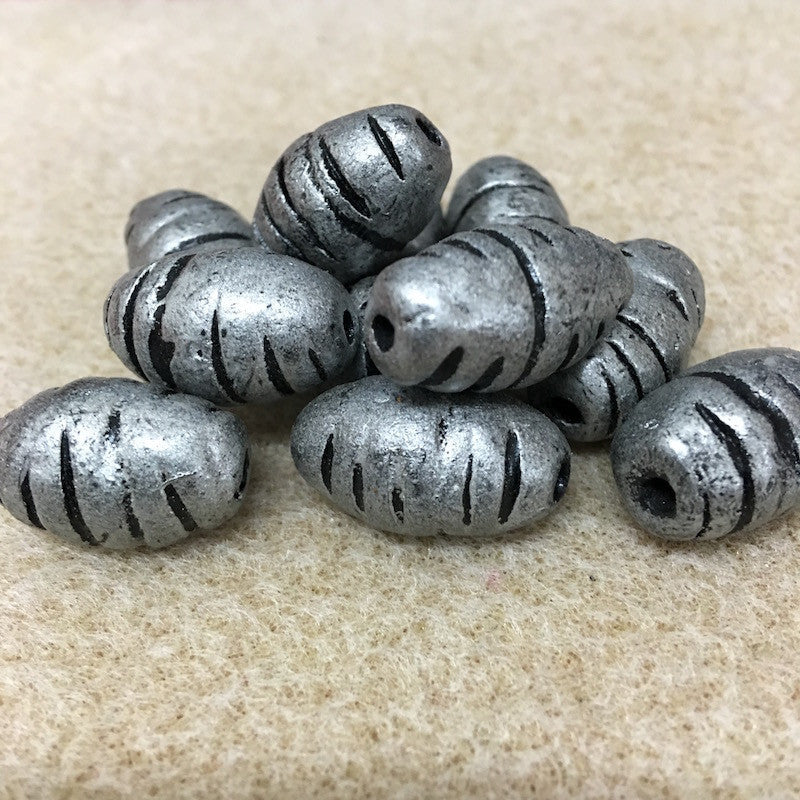 23x12mm Barrel Shaped w. Cuts (10) - Antique Silver - Vintage Clay Beads