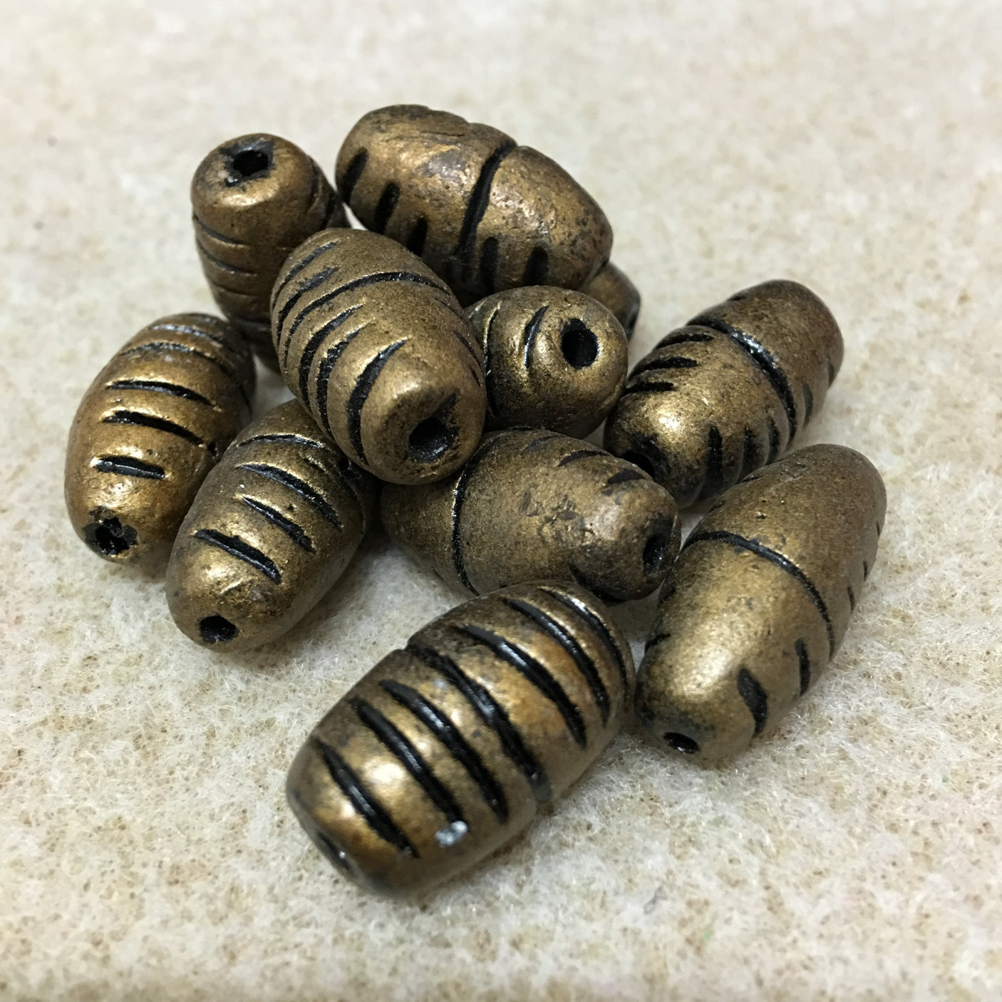 23x12mm Barrel Shaped w. Cuts (10) - Antique Gold - Vintage Clay Beads