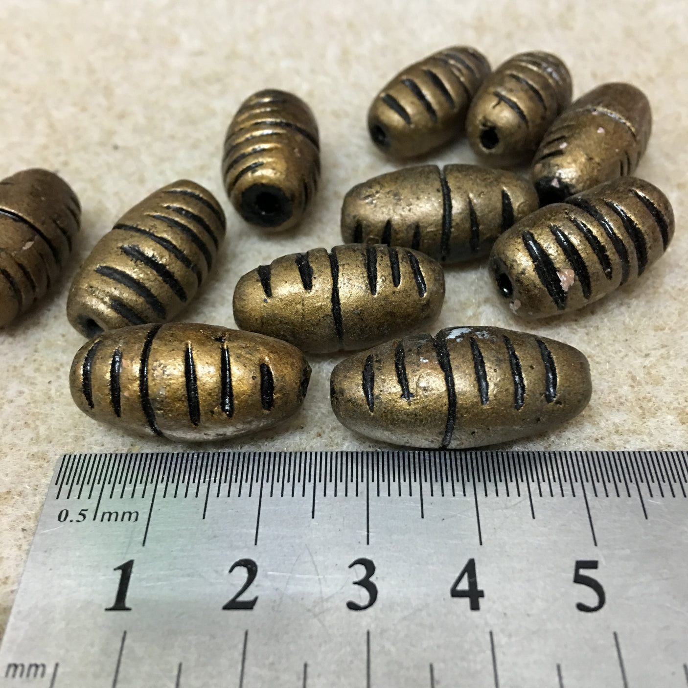 23x12mm Barrel Shaped w. Cuts (10) - Antique Gold - Vintage Clay Beads