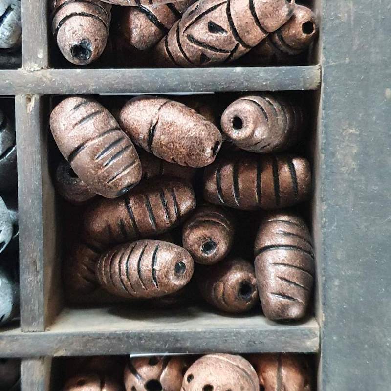 23x12mm Barrel Shaped w. Cuts (10) - Antique Copper - Vintage Clay Beads