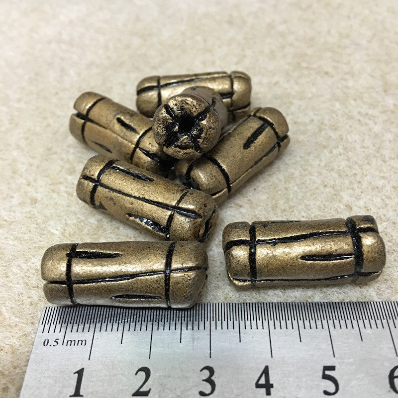 28x10mm Tube w. Lines (10) - Antique Gold - Vintage Clay Beads