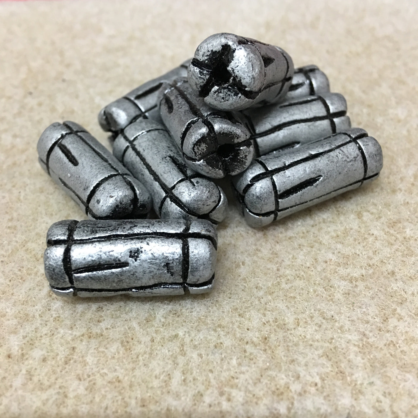 28x10mm Tube w. Lines (10) - Antique Silver - Vintage Clay Beads
