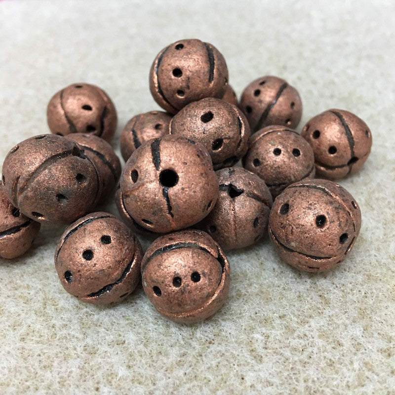 12~15mm Round Beads (10) - Antique Copper w. Black - Vintage Clay Beads