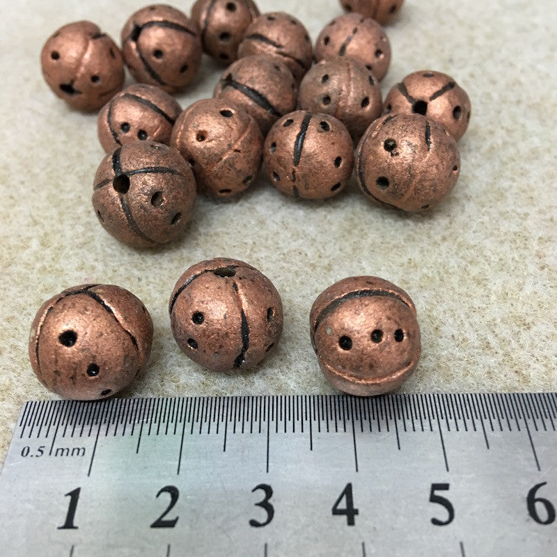 12~15mm Round Beads (10) - Antique Copper w. Black - Vintage Clay Beads