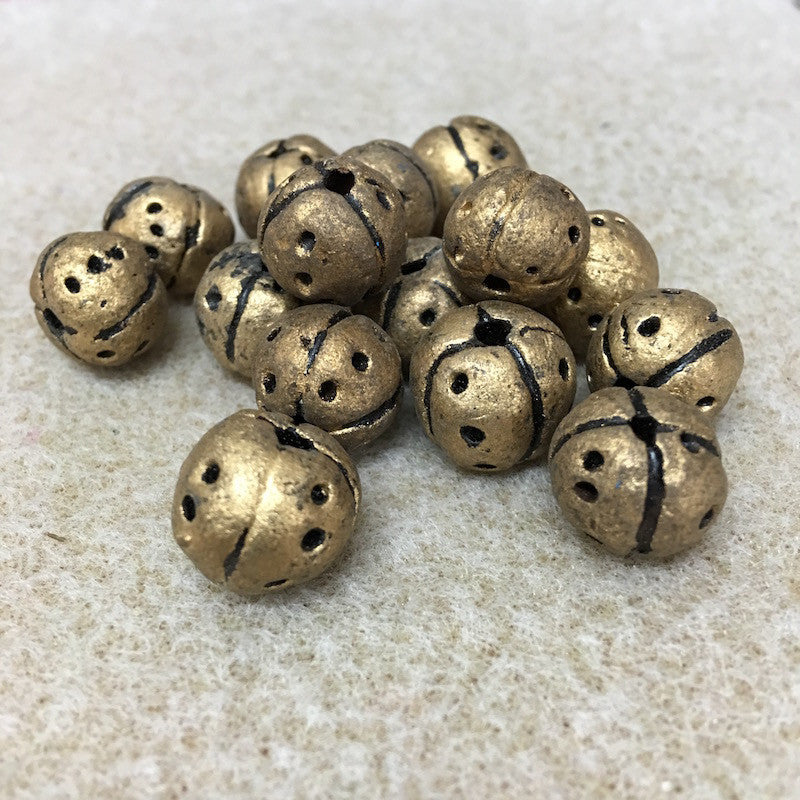 12~15mm Round Beads (10) - Antique Gold w. Black - Vintage Clay Beads