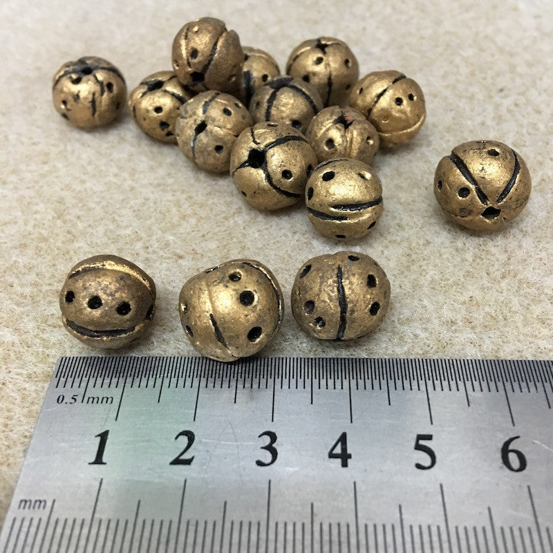 12~15mm Round Beads (10) - Antique Gold w. Black - Vintage Clay Beads