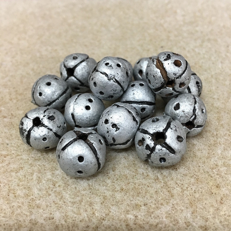 12~15mm Round Beads (10) - Antique Silver w. Black - Vintage Clay Beads