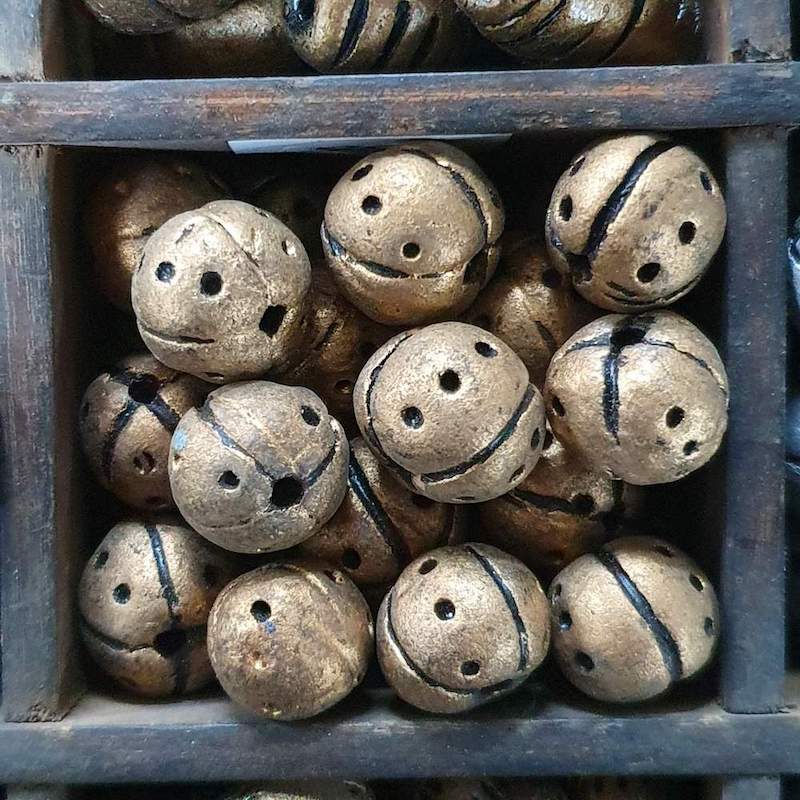12~15mm Round Beads (10) - Antique Gold w. Black - Vintage Clay Beads