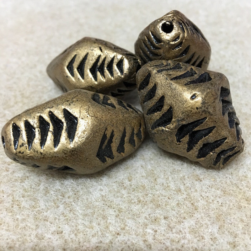 35x20mm Nugget w. Chevron (10) - Antique Gold - Vintage Clay Beads