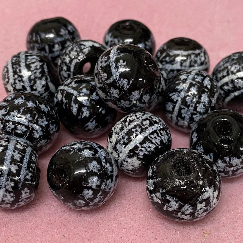 18mm Round (5) - Black w. White Powdered Glass Design - Glass Vintage Trade Beads