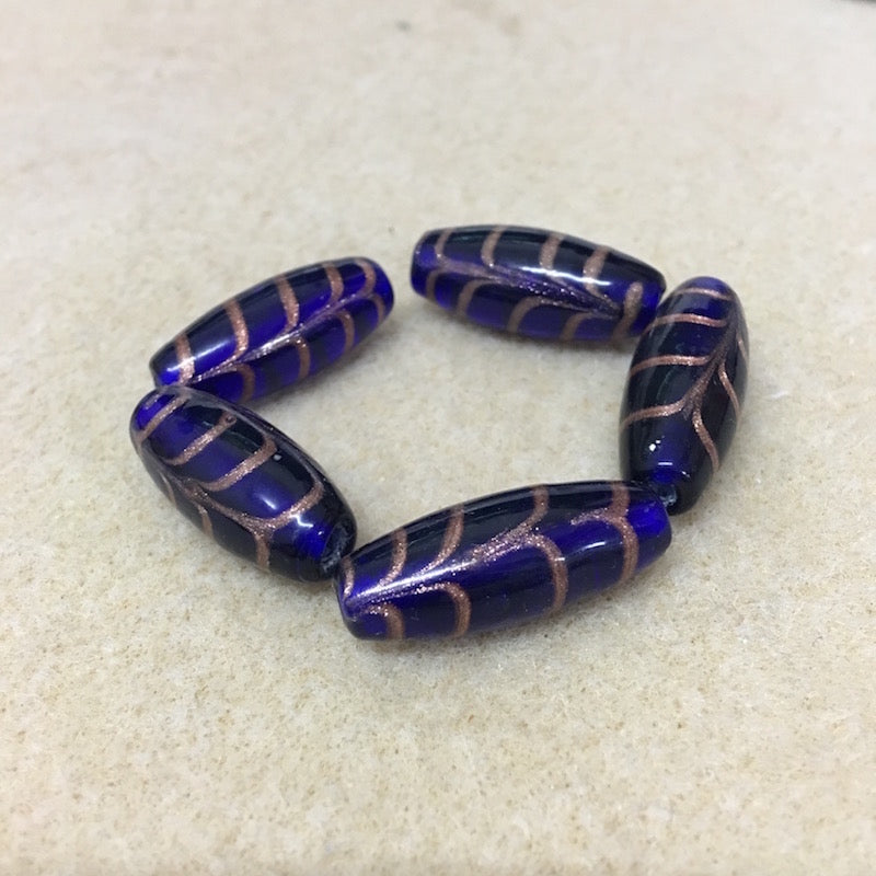 25x10mm Oval (5) - Transparent Blue w. Aventurine - Glass Vintage Replica Trade Beads