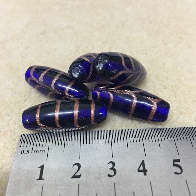 25x10mm Oval (5) - Transparent Blue w. Aventurine - Glass Vintage Replica Trade Beads