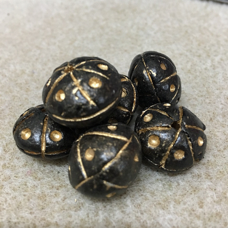 20x14mm Rondelle Clay (10) - Black w. Gold Dots - Vintage Clay Beads